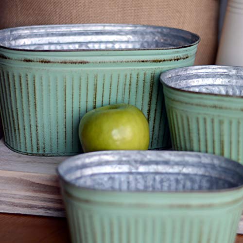 French Country Style Oblong Cache Pot Planters, Set Of 3, Distressed Pale Green Finish With Terracotta Undertones, Galvanized Zinc, Corrugated Details, 10.5, 9, And 7.5 Inches Long #TOP2