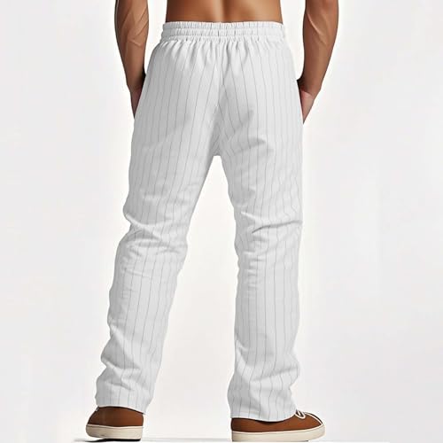 Mens Cotton Linen Pants Summer Beach Pant Striped Drawstring Elastic Waist Casual Loose Comfy Trouser with Pockets4