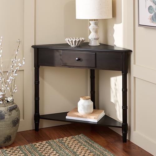 Image of SAFAVIEH Furniture - Gomez 1-Drawer Corner Table - Dark Chocolate - Solid Wood - Classic Corner Storage Design - Ideal for Entryway, Living Room, Home Office, 33.1 inch W x 17.3 inch D x 28 inch H (AMH5709F)