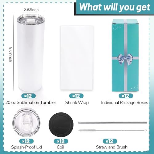 Joyclub 12 Pack Sublimation Tumblers 20 oz Bulk Blank Tumblers Skinny Straight Flat Bottom Cups White with Lid and Straw