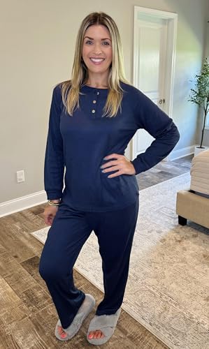 Ekouaer Waffle Knit Pajamas for Women Set Long Sleeve Pants Pj Henley Tops Lounge Sets Comfy Sleepwear with Pockets3