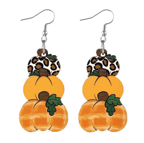 Handmade Thanksgiving Pumpkin Dwarf Double-sided Wooden Dangle Earrings Colorful Lightweight Flower Pumpkin Pie Coffee Cup Triple Hanging Earrings for Women Thanksgiving Day Fall Holiday Jewelry