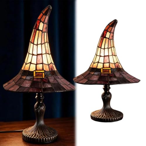 Stained Witch Hat Lamp - Handcrafted Retro Resin Witch Lamp USB Powered Gothic Wizard Hat Night Light Vintage Halloween Decor for Bedroom Bookshelf Living Room Witchcore Home Accent