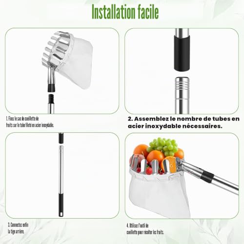 Cueille Fruit Telescopique, 4.2 m Ramasse Noix Cueille-Pommes, Fruits Cerise Outil à Cueillir de Fruits avec Poteau Réglable Léger, Ramasse Pommes Télescopique Facile à Monter – vue 4