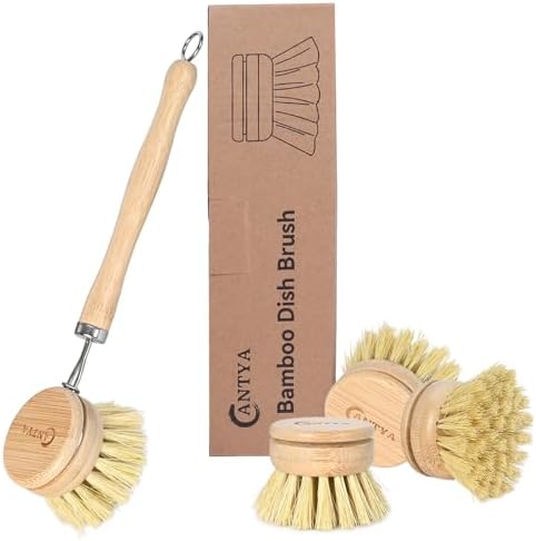 Bamboo Dish Brush with Handle - Soft Bristle, Eco-Friendly Vegeta...