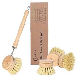 Bamboo Dish Brush with Handle 4 Replacement Heads – Soft Bristles, Natural Vegetable Brush Compostable & Sustainable Cleaning Brush for Kitchen Utensils