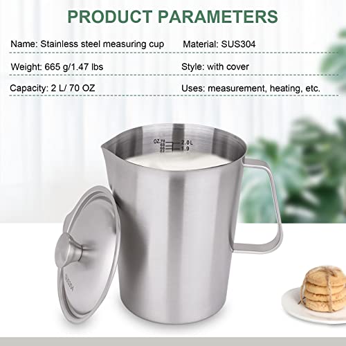 Stainless Steel Measuring Cup With Lid 2L 70 Oz, Large Mouth Graduated Beakers Metal Pitcher With Marking And Handle #TOP5