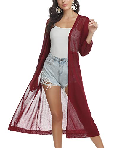 Aibrou Long Sleeve Cardigan Sweater Casual Open Front Draped Kimono Coat Loose Knit Cover Up Tops Wine Red - Thumbnail 5
