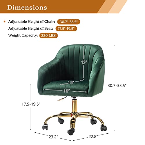 Hulala Home Velvet Home Office Desk Chair, Modern Cute Computer Task Chair, Wheels Swivel Height Adjustable Upholstered Vanity Chair For Women, Girls (Gold Base, Green) #TOP1