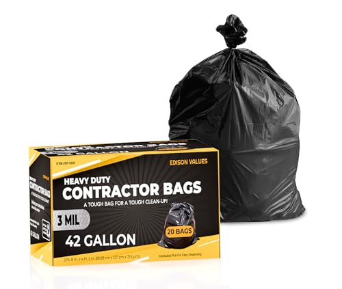 Contractor Garbage Bags 42 Gallon - Pack Of 20 Black 3 mil Strength Heavy Duty Trash Bags Garbage Bags, 32”X46” Heavy Duty Plastic Construction Contractor Bags - Trash Can Liners
