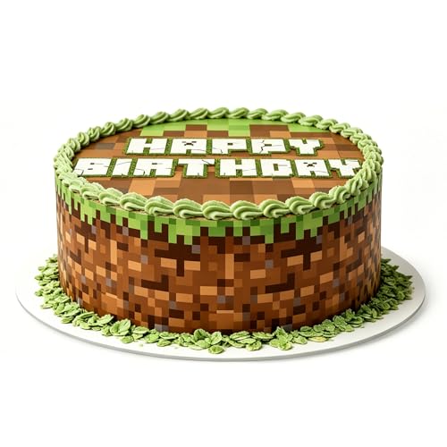 JJFtop Essbare Tortenaufleger Set - Essbare Kuchendeko Pixel Gras Tortenaufleger Personalisiert & Tortenband für Jungen Geburtstag - Fondantpapier Deko für Minecraft Fans (4x Band + 1x Ø20cm Aufsatz)