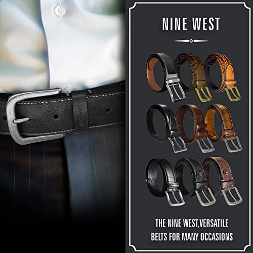 Nine West Mens Belt Vegan Leather Regular Dress Casual Everyday Belt 38mm Wide, Hamburg Black Belt Designed in the USA, S4