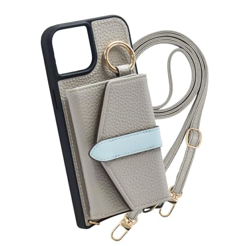 Elegante公式 belted bicolor shoulder iPhone 17 用 ケース スマホケース ショルダー ストラップ ベルト アイフォン用 背面 カード収納 ミラー ポーチ バイカラー おしゃれ iphone用ケース スマホ 携帯ケース ライトグレー