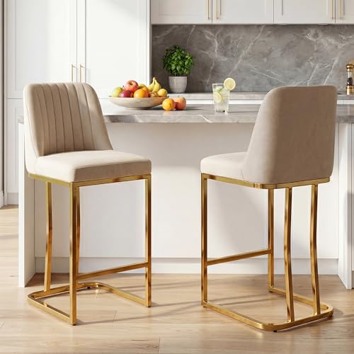Image of LSSBOUGHT Counter Height Bar Stools Set of 2 24'' Upholstered Padded Barstools with Back Leathaire Counter Stools for Kitchen Island Chairs with Gold Metal Iron Frame, Beige