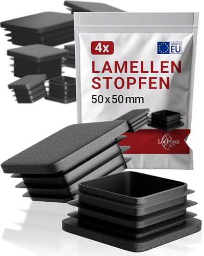 LouMaxx Lamellenstopfen 50 x 50 mm - Rohrabdeckung schwarz Stopfen für Vierkantrohr 50 x 50 mm - Quadratische Rohrstopfen aus robustem Kunststoff - Pfostenkappen als Abdeckkappe