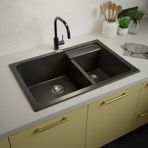 Image of ARQUIN ARQUIN Quartz Kitchen Sink 31x18x9 Inch Black Double Bowl Kitchen Sink Granite sink, UV Protected, Undermount /Topmount Noise Reducing Quartz Sink for Kitchen Basin