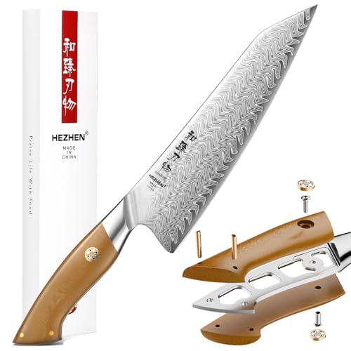 HEZHEN Damast Kochmesser,Damaststahl Professionelles Küchenmesser,Profi Chefmesser Full Tang Griff aus Leinen Micarta