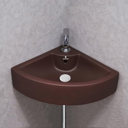 Image of REMANENCE Ceramic Wall Hung Corner Wash Basin for Bathroom | Wall Mounted Corner Sink (20.4 x 15 x 6 Inch) (Brown)