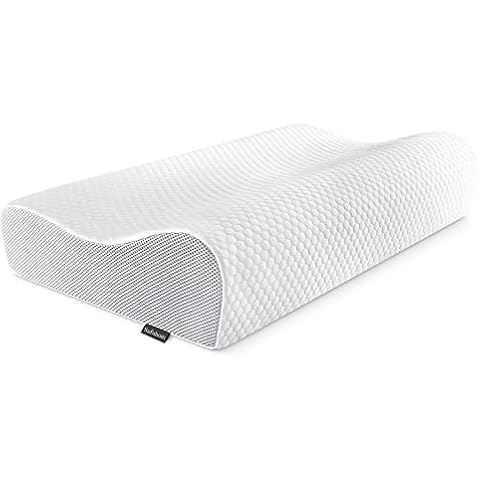 Sufuhom Memory Foam Pillow, Contour Ventilated Neck Pillow, Medium Cooling,Orthopedic Contour Pillow, CertiPUR-US,Standard 100 by Oeko-TEX - Grey White Cover