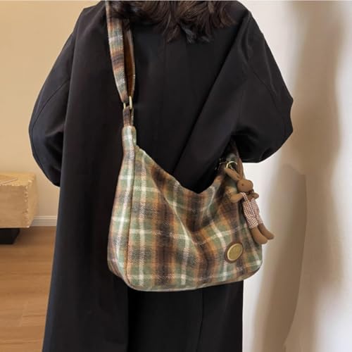 Image of Plaid Purses for Women - Wool Handbag with Pendant, Hobo Shoulder Bag and Tartan Fabric Clutch (Green)
