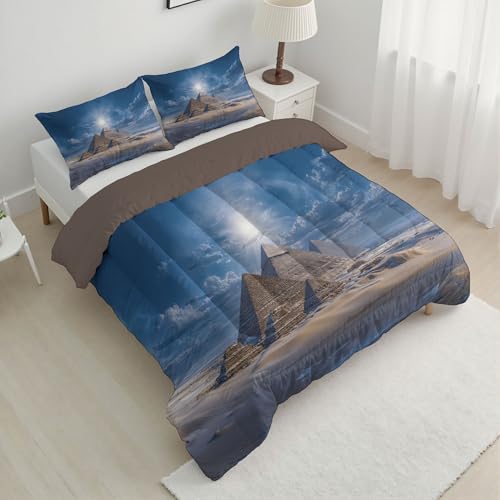 Bettdecke 140x200cm 4 Jahreszeiten, Ägyptische Pyramiden Steppdecke, Blau Warme Ganzjahresdecke, Natur Wüste Sonnenlicht Waschbar Bettdecke ohne Bezug mit 1 Kissenbezug 80x80cm