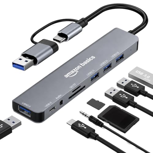 Image of Amazon Basics 8-in-1 USB Hub with Dual Plug (USB-A & USB-C), USB 3.0, 3 x USB 2.0, USB-C 2.1, SD /TF Card Reader & 3.5mm Audio Jack, 18 cm Cable (Grey)