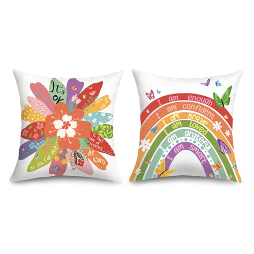 Joymaison Kids Cute Flower Inspiring Cushion Covers 45 x 45 Pack of 2 It’s OK Inspirational Rainbow Butterfly Square Throw Pillow Case with Invisible Zipper for Nursery Counseling Teenage Girls