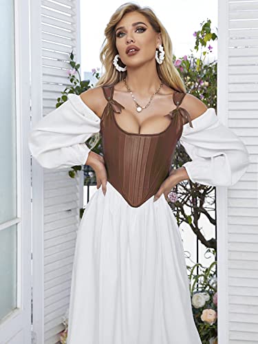 Image of Dreay Womens Vintage Asymmetrical Hem Overbust Corset Tie Front Lace-up Back Bustier Shapewear Top