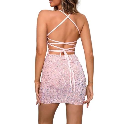 Image of Women's Sequin Bodycon Mini Dress Sparkly Dress Sexy Criss Cross Open Back Short Dress