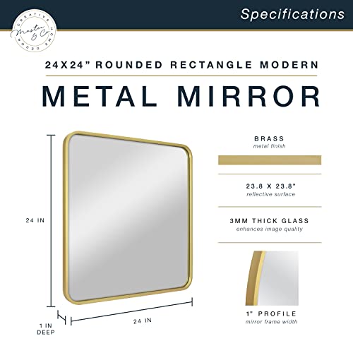 Image of MCS Master & Co. Metal Square Mirror, 24x24, Brass, for Bathroom & Bedroom | Modern Metal Square Mirror With Rounded Corners, Minimalist Home Decor For Living Room, Bedroom, Or Bathroom, Brass