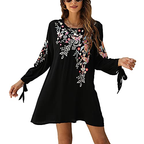 Grosy Boho Swing Shift Dress For Women, Flowy Long Sleeve Mexican Embroidered Floral Mini Tunic Short Dresses For Fall, Loose Fit Bohemian Style (Black, Large) #TOP1