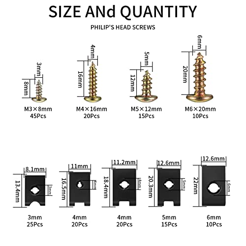 180 Piezas Tornillos Automotrices y Clips de Tuerca en U para Autos, incluyendo 90 Piezas Tornillos de Cabeza Cruzada, 90 Piezas Tuercas Grapas Clips en U para Guardabarros Parachoques de Coche - imagen 2