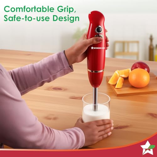 Image of Wonderchef Regalia Hand Blender Mixer | 350W | Sharp Stainless-Steel Blades | Dual Speed Settings | for Hot & Cold Blending | Detachable Blending Arm | 2-Year Warranty | Red