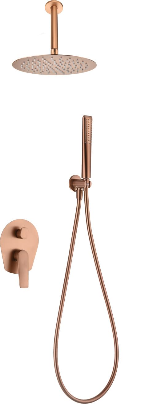 MICE - Conjunto de ducha monomando empotrado a techo con mango y rociador - Griferia de baño con 2 vias - Duchas empotradas (Oro Rosa Cepillado)