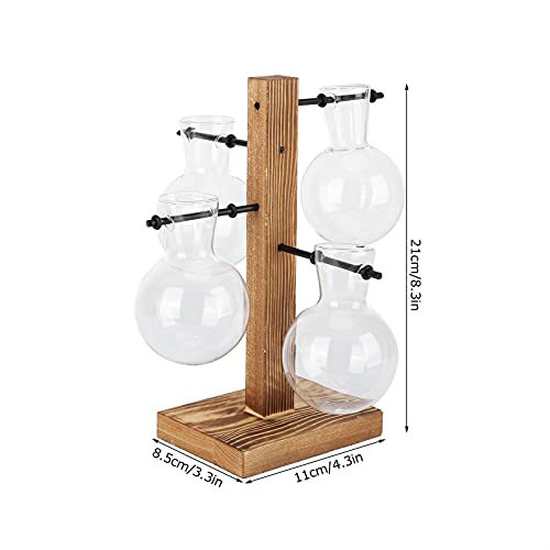 Vase hydroponique en verre avec support en bois, terrarium et station de propagation pour la maison ou le café (vase à 4 bulbes)