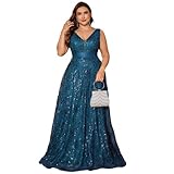 BluePlum Plus Size Formal Dresses for Women 2025, Cocktail Dresses with V-Neck, A-Line Wedding Guest Dresses Maxi Elegant Dress for Party, Peacock Blue, Size 4XL
