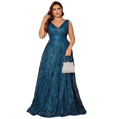 Plus Size Formal Dresses for Women with Embroidery Sequin and V-Neck, A-Line Maxi Dress for Wedding and Cocktail