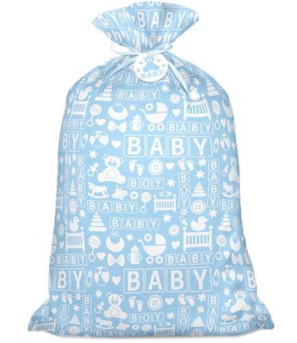 Laidans 56 Blue Jumbo Plastic Gift Bag Baby Boy Design Extra Large Plastic Bag with Tag and Tie for Birthday Baby Shower and Holiday (Baby Boy)