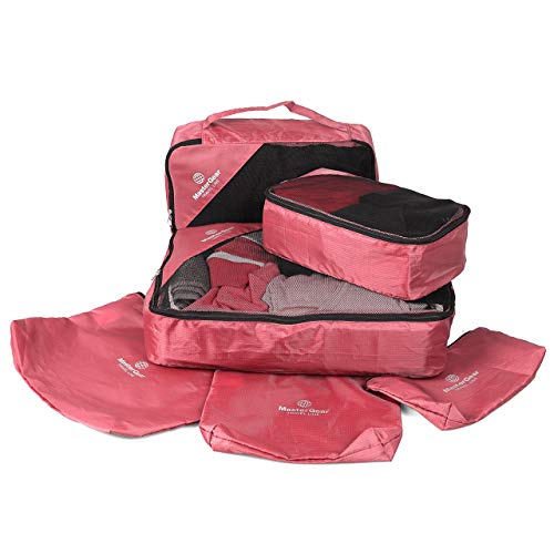 MasterGear Kleidertaschen Set in rot , 6-teiliges Reisetasche Set für Koffer , Packing Cubes , 3 Aufbewahrungstaschen + Wäsche-, Schuh-, Kosmetikbeutel , Paktaschen , Packwürfel