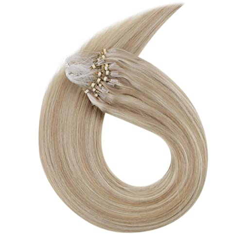 LaaVoo 16inch Micro Loop Hair Extensions Balayage Ash Brown Mixed Bleach Blonde Micro Link Human Hair Extensions Silicone Micro Beads Stick Tip Hair Extensions 50g/50s#18/613