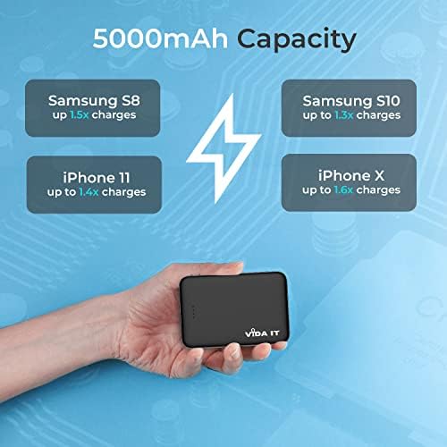 Vida IT Small Power Bank for Heated Vest Gilet Jacket 2A 5V Portable Charger 5000mAh External Battery Pack for iPhone 7 8 X Samsung Galaxy S8 S9 S10 Huawei Android Mobile Phone, Mini USB Power Pack