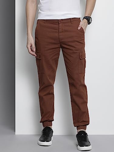 Image of The Indian Garage Co Men Slim Fit Solid Mid-Rise Stretchable Cuffed Cargos