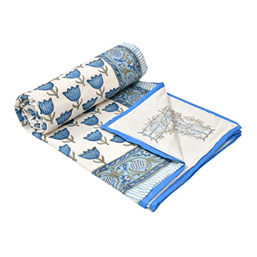 Image of BLOCKS OF INDIA Hand Block Printed Cotton Summer Single Size Reversible Printed Malmal Dohar- Multicolor (Blue BUTI)
