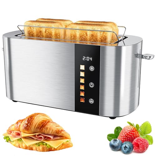 Short Slot Toaster, Stainless Steel with Touch Screen, 6 Toasting Levels, Cancel/Defrost/Reheat Functions, Built-in Drying Rack for Sandwiches, Waffles & Pastries
