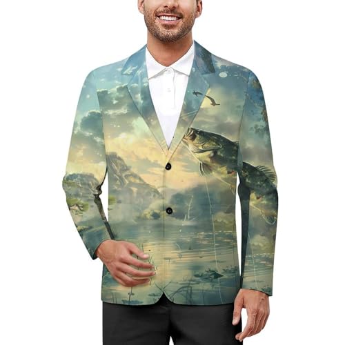 Bass Fishing Mens Casual Blazer Button Suit Jacket Lightweight Sport Coat for Work Business