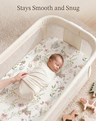 Image of Bedside Bassinet Sheets 2 Pack, 33 x 20 Fitted Bedside Sleeper Sheets, Ultra Soft Breathable Polyester, Ideal for Baby Girl or Boy and Newborns (Floral Fawn, Bedside Sleeper Sheet)