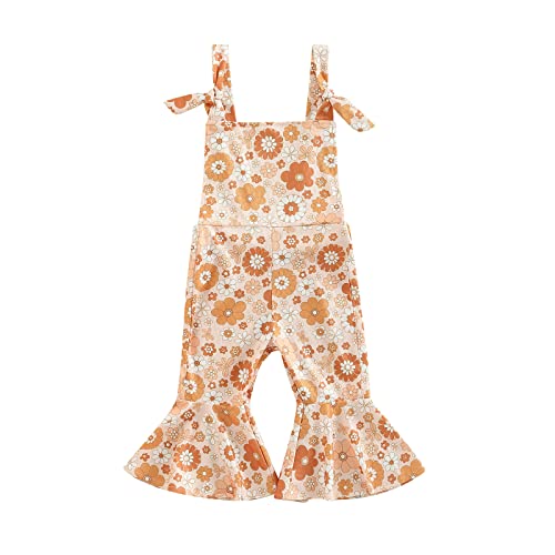 Toddler Baby Girls Bell Bottom Romper Floral One Piece Ribbed Sleeveless Jumpsuit Flare Pants Overall Summer Outfits (Yellow C, 6-12 Months) #TOP19