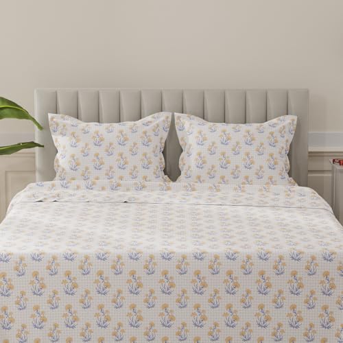 Image of Layers 100% Cotton Bedsheet for King Size Bed | Lumina Floret Collection | 144 TC Soft & Breathable | Printed with 2 Pillow Covers | Wrinkle Free & Colorfast | 3 Piece Bedding Set - Yellow & Blue