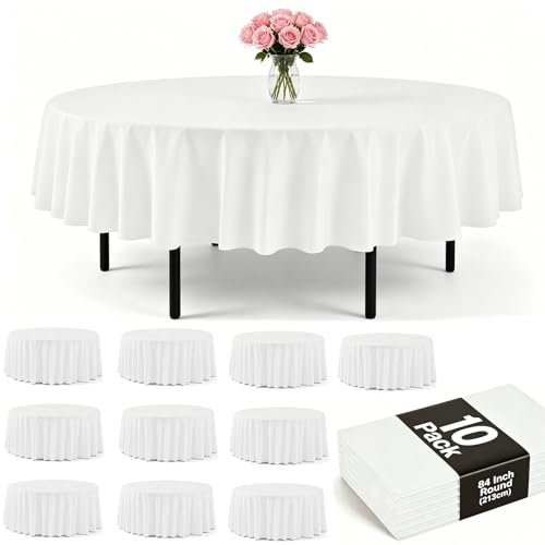 PLULON 10Pack Nappes Rondes en Plastique Couverture de Table Blanche 84 Pouces Nappe PEVA Imperméable en Vrac pour Anniversaire Mariage Pique-Nique Maison...