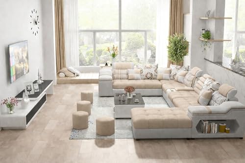 Image of Avion COMFORA U Shape 12 Seater Sofa Set for Living Room | Interchangeable U-Shaped Sectional Sofa Set with Cup Holder with 4 Puffy for Living Room & Office
